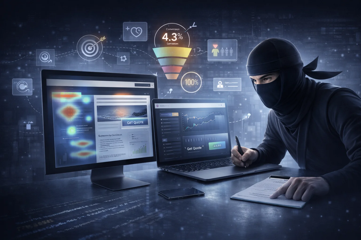 Website conversion optimisation analysis showing user behaviour data, heatmaps, performance metrics and lead generation strategy