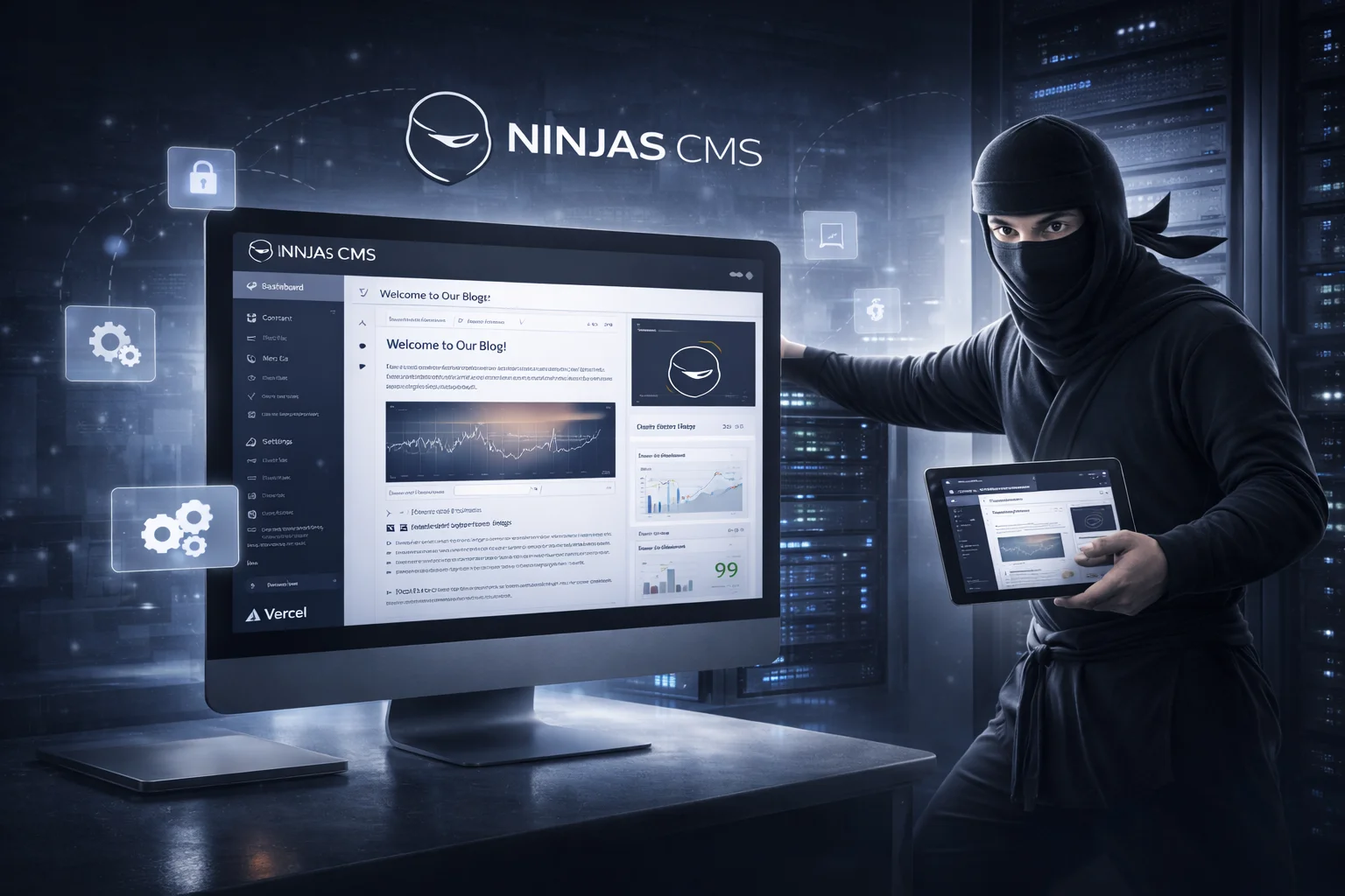 Site Ninjas custom CMS platform dashboard showing secure content management interface and website performance analytics

