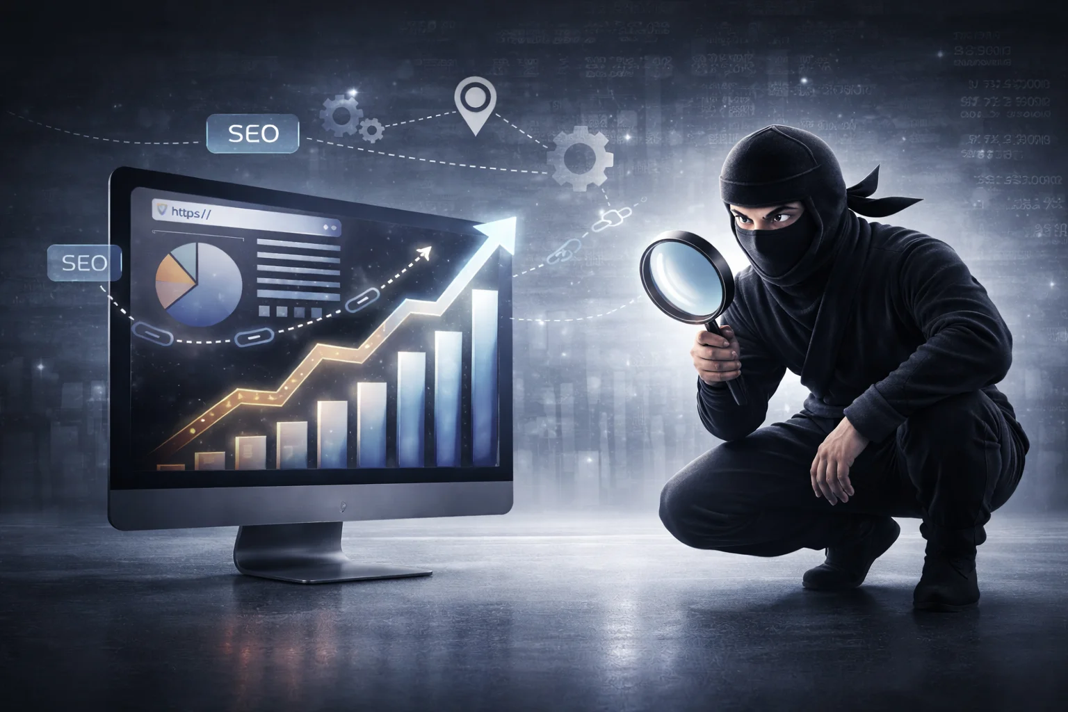 Professional SEO strategy concept showing search visibility growth, technical optimisation, data analysis and website performance monitoring