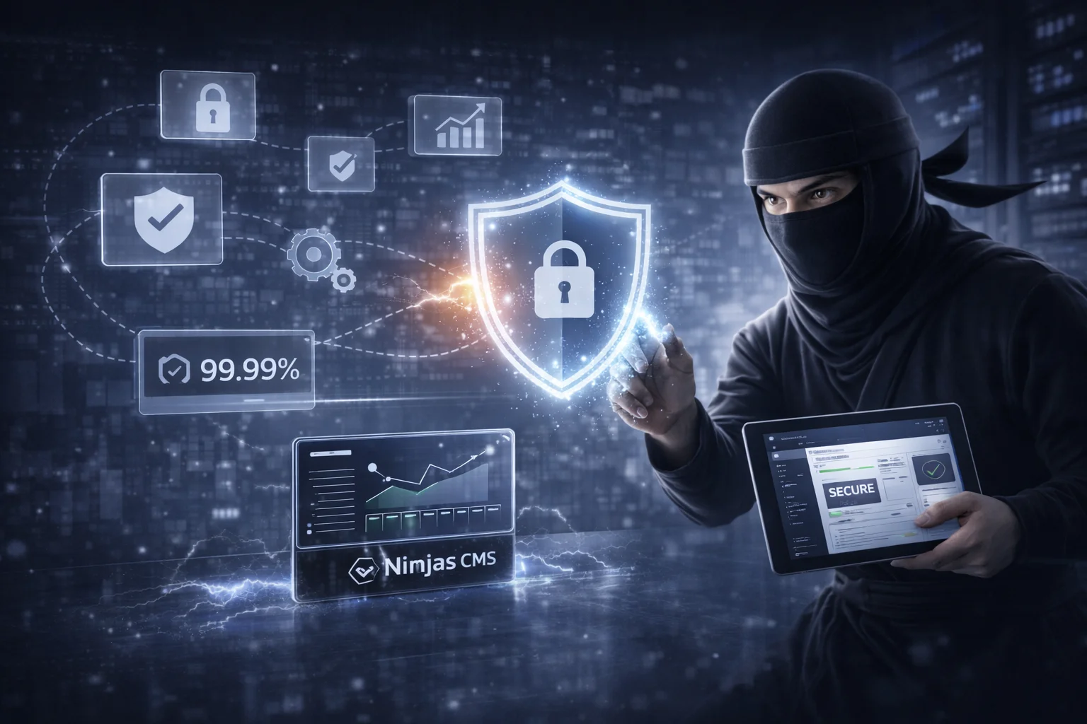 Website maintenance and security monitoring concept showing protection shield, uptime monitoring and performance analytics dashboard
