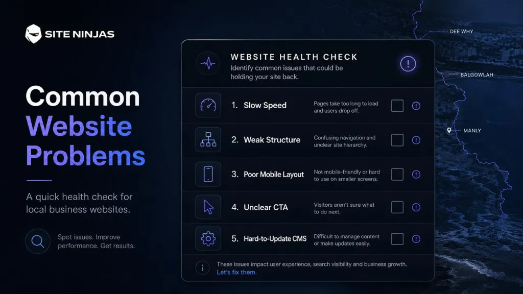 Common website problems affecting Northern Beaches businesses including slow speed weak structure and poor conversion
