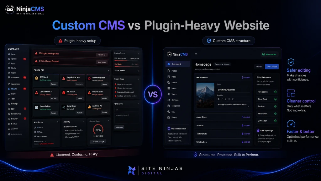Custom CMS compared with plugin-heavy website platforms using NinjaCMS by Site Ninjas Digital