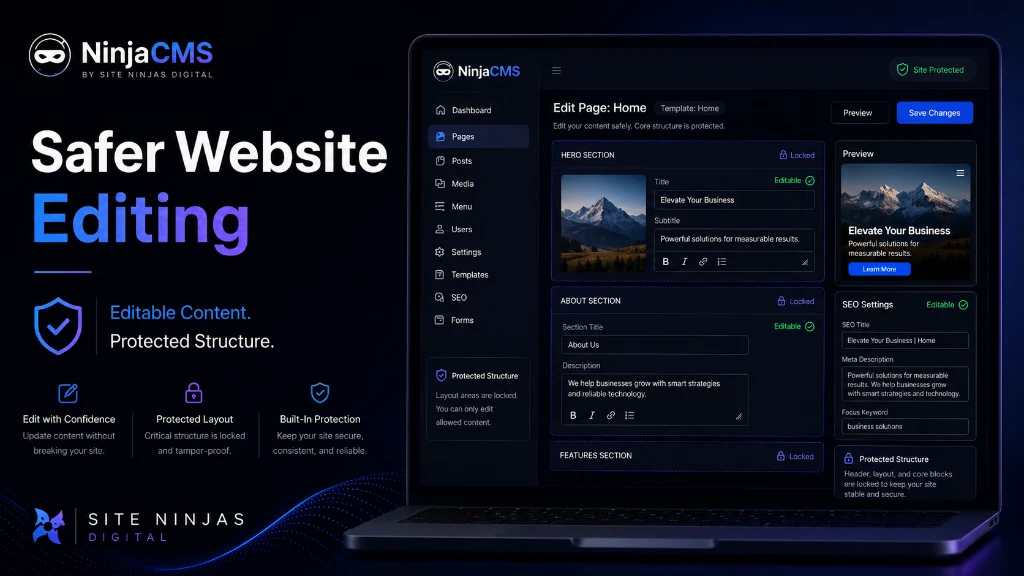 Safer website editing with protected layout areas in NinjaCMS custom content management system
