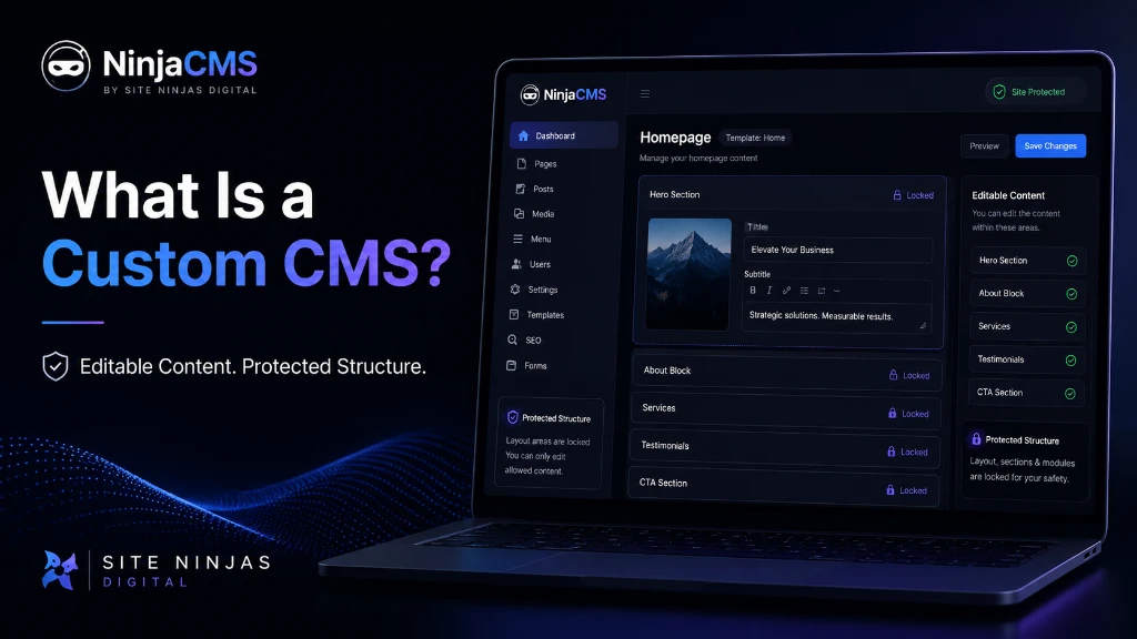 What is a custom CMS guide showing NinjaCMS safer website control by Site Ninjas Digital